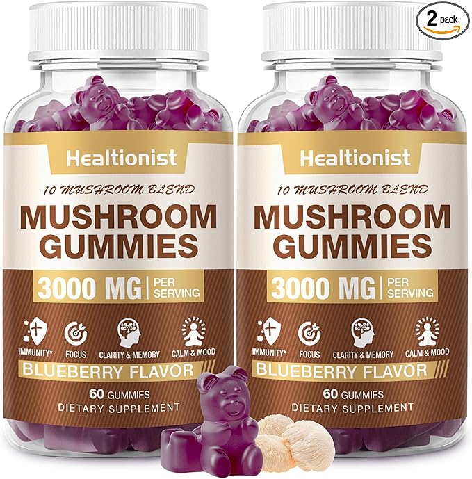 2 Packs Mushroom Complex Gummies 10 Blend - Lion's Mane Gummies for Adults, Cordyceps, Shiitake, Reishi, Chaga - Brain, Immune Support & Stress Relief, Energy, Mushroom Supplement for Men & Women
