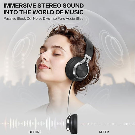 Over Ear Headphones Wired with Microphone - Noise Isolating Corded Headphones with Protein Leather Ear Cushions for Teens Adults,Fordable Head phones with Golded 3.5 mm Jack for Laptop (Black)