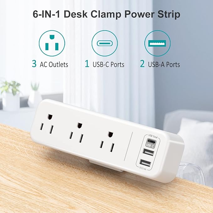 Desk Clamp Power Strip with USB C, 3 Outlets Desktop Mount Power Station with 6.5 ft Plug Extension Cord, White