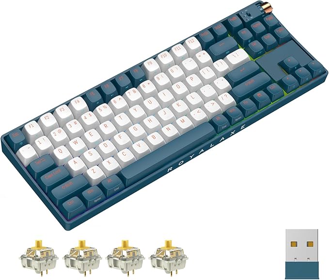 R87 Wireless Mechanical Keyboard, Hot Swappable Wired/2.4G Wireless/Bluetooth Keyboard with RGB Light for Windows & Mac, PBT Keycaps, G Pro Yellow Switch, Whale Blue