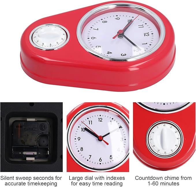 9 Inch Retro Kitchen Timer Wall Clock, Multifunction Innovative Precise Time Silent Operation Quartz Clock for Home Kitchen (Red)