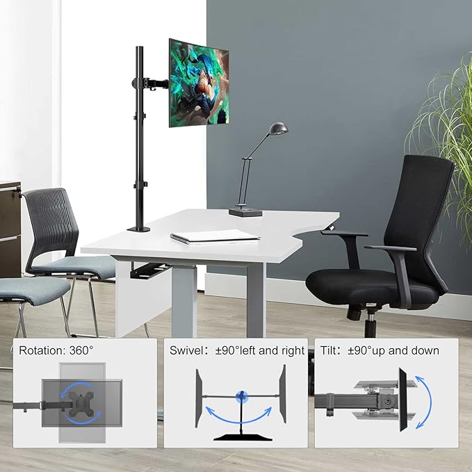 Suptek Single Monitor Arm Desk Mount Fully Adjustable Monitor Stand for 1 / One Screen up to 32 inch Extra Tall 31.5 inch Pole,Black (MD6821)