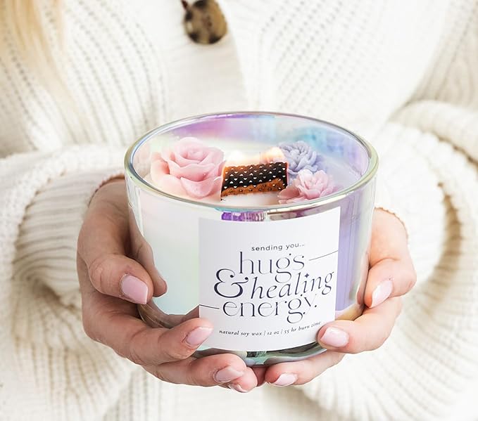 Hugs and Healing Energy Sympathy Candle. 12oz Wooden Wick Candle with Natural Soy Wax. Memorial, Grief Gift for Loss of Loved One, Get Well Soon Gift with Iridescent Glass Jar & Floral Design