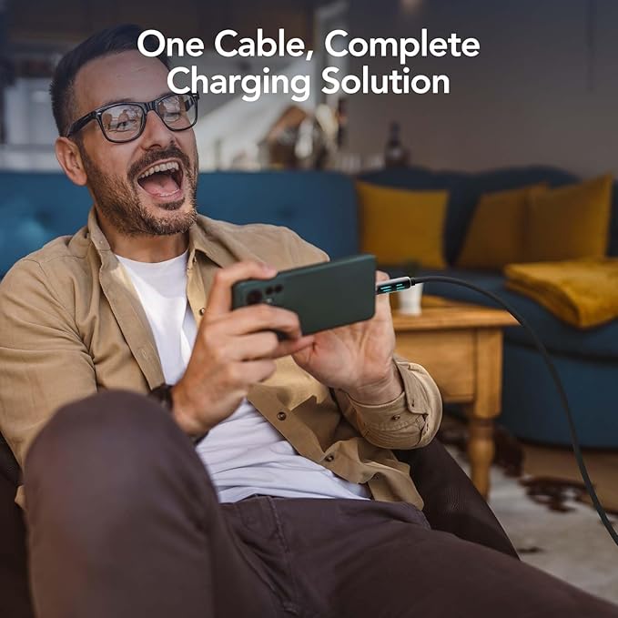 MFish 4-in-1 Universal USB Charging Cable with Carrying Case – 240W Max Fast Charger Cord, USB-A, Dual USB-C & Lighting, for iPhone 14/15/16/17 Series, iPad & MacBook and More (Black, 10FT)