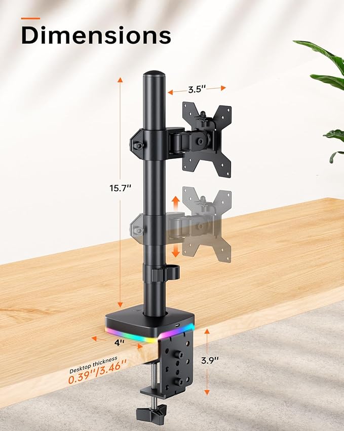 RGB Single Monitor Stand, Monitor Desk Mount Arm up to 17.6lbs Desk Mount with RGB Light Adjustable Heights Angles Arm with RGB USB & USB-C High Speed Data Transfer C-Clamp 75x75/100x100 VESA