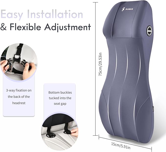 FLORICH Integrated Car Seat Lumbar Support Pillow & Car Neck Pillow Memory Foam Back Cushion for Driving Car Seat Back Support Pillow for Car Seats Driver Back Neck Sciatica Pain Relief Cushion, Blue