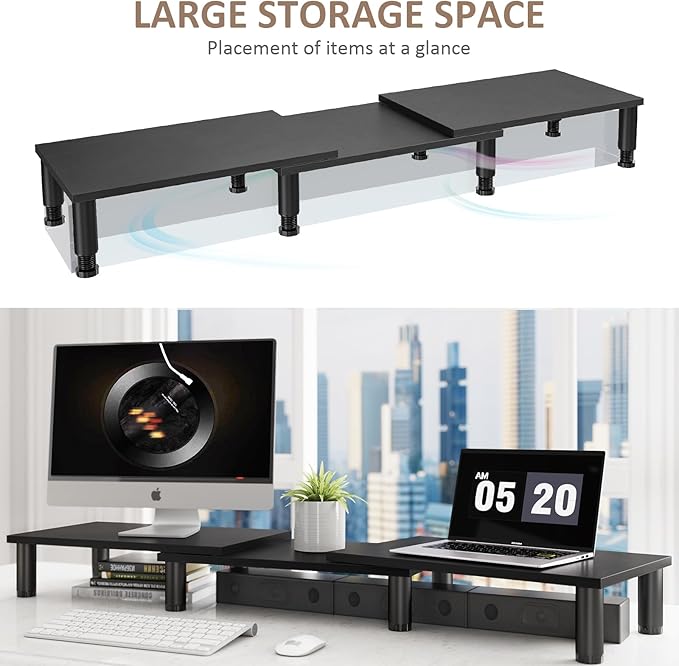 AX WABER Dual Monitor Stand Riser, Monitor Stand with Adjustable Height Steel leg, Wood Monitor Stand for Desk, Monitor Riser for 2 Monitors with Storage Space Black