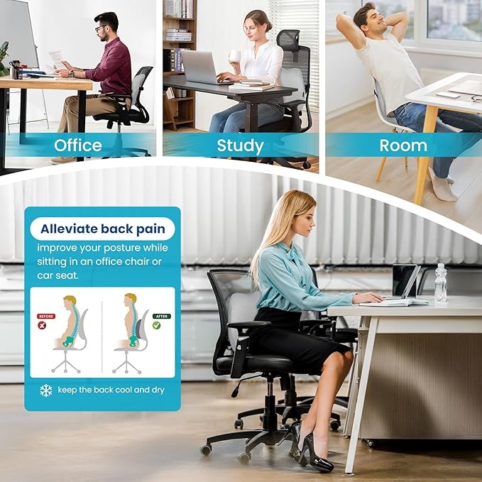 Lumbar Support Pillow Office Chair Car Back Pillow, Ergonomic Lower Back Pain Relief Breathable Air Fiber Cushion for Long Sitting Worker Driver & Handicapped, Adjustable Strap (Light Grey)