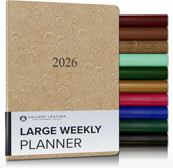 Gallery Leather Large Weekly Monthly Planner 2025-2026, Elegantly Bound Calendar Planner and Notebook with Stylish Gold-Gilded Page Edges, 12 Months - Floral Latte - 9.75 x 7.5 "