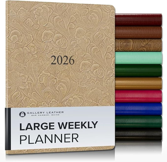 Gallery Leather Large Weekly Monthly Planner 2025-2026, Elegantly Bound Calendar Planner and Notebook with Stylish Gold-Gilded Page Edges, 12 Months - Floral Latte - 9.75 x 7.5 "
