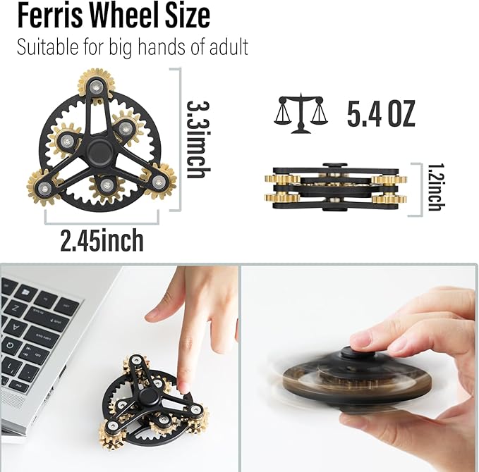 FREELOVE Gear Metal Fidget Spinner Toys for Adults, Small Mini Tiny Pockget Figette, Bike Chain, Copper Brass Hands Gyro, Quiet Silent Cool Cube for Anxiety Men (Wheel 10 Gears Linkage, Black-Brass)