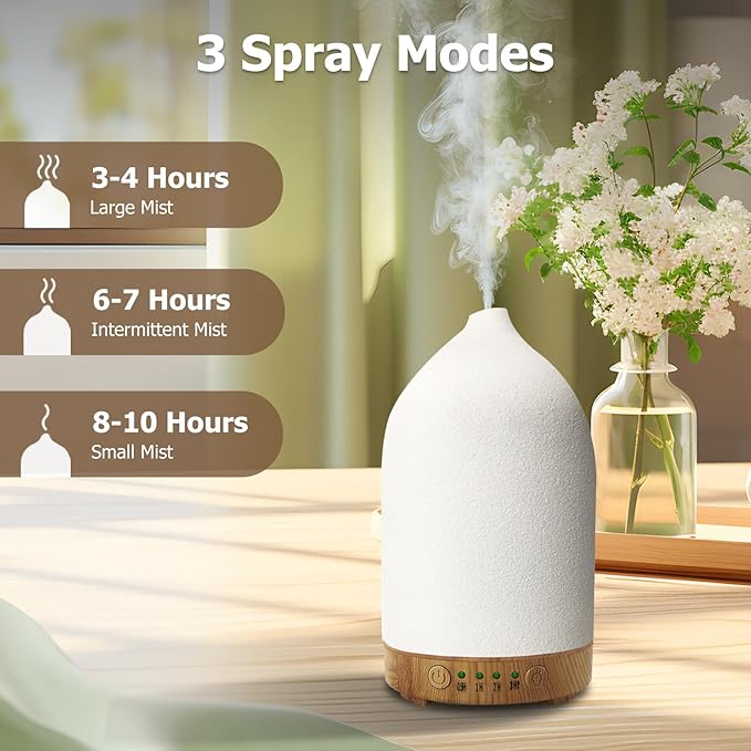 Essential Oil Diffuser Humidifiers, Aromatherapy Diffusers, Ceramic Essential Oil Diffuser, 7 Color LED Lights Auto Shut-Off, 4 Timer Mode for Office and Room 100ML White