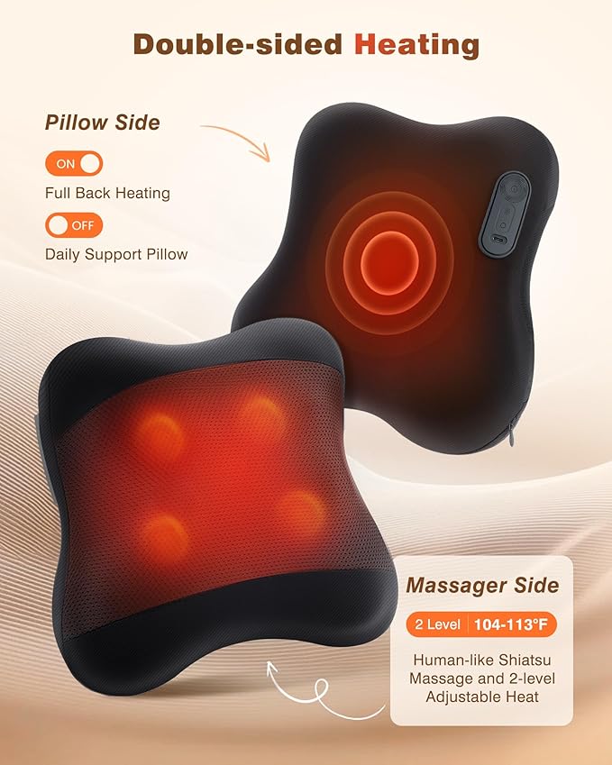 KINGJOY 2-in-1 Cordless Shiatsu Back Massager with Heat, Upgraded 4D Liftable Massage Nodes & Dual-Side Heating, Deep Tissue Kneading for Back Pain Relief, Gift for Women Men, Home Office Use