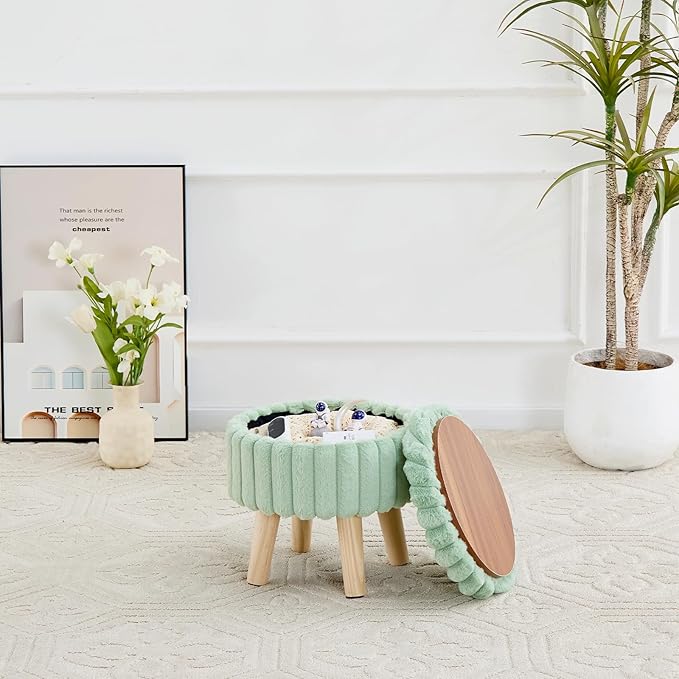 Wimarsbon Storage Ottoman,Soft Faux Fur Footstool with Padded Seat, Small Reading Vanity Chair, Footrest with Wood Tray for Couch, Mini Coffee Table or Display Stand (Light Green, Round Storage)