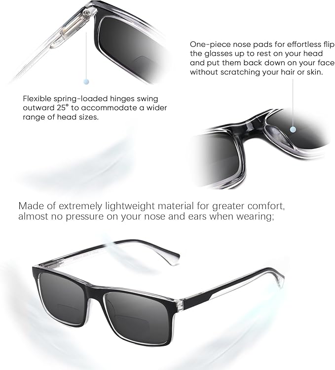 Missfive 2 Pack Light Bifocal Sun Reading Glasses for Men, Blue Light Blocking Near/Far Dual-use Spring Hinge Sun Readers, Anti UV/Eye Strain Comfort Premium Sunglasses, 2.25x