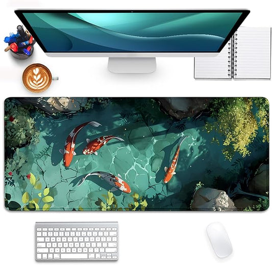 Japanese Koi Carp Fish Desk Pad Mouse Pad,Large Gaming Mouse Mat with Stitched Edges,Non-Slip Rubber Base Mous Mat for Office,Computer,Keyboard,Laptop and Home Desk Pad(27.5X11.8 in)