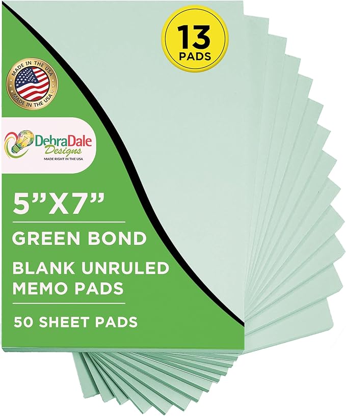 Debra Dale Designs - 5" x 7" Green Note Pads - Made Right in the USA - 50 Sheets Per Memo Pad - 13 Pads of Paper - 20# Bond Scratch Paper Pads