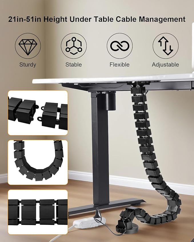 Under Desk Cable Management Vertebrae Fit for Sit Stand Desk Management, Magnetic Fixation Adjustable Length Cable Management Spinal, Flexible Chain Raceway Black