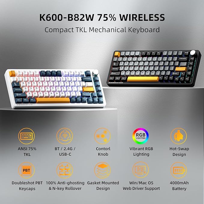 Machenike K600 B82W Gasket Mechanical Gaming Keyboard,75% Wireless Hot Swappable Gaming Keyboard with Padding&Knob,Bluetooth/2.4GHz/USB-C,RGB Backlit for PC/Tablet/Xbox/PS4/PS5