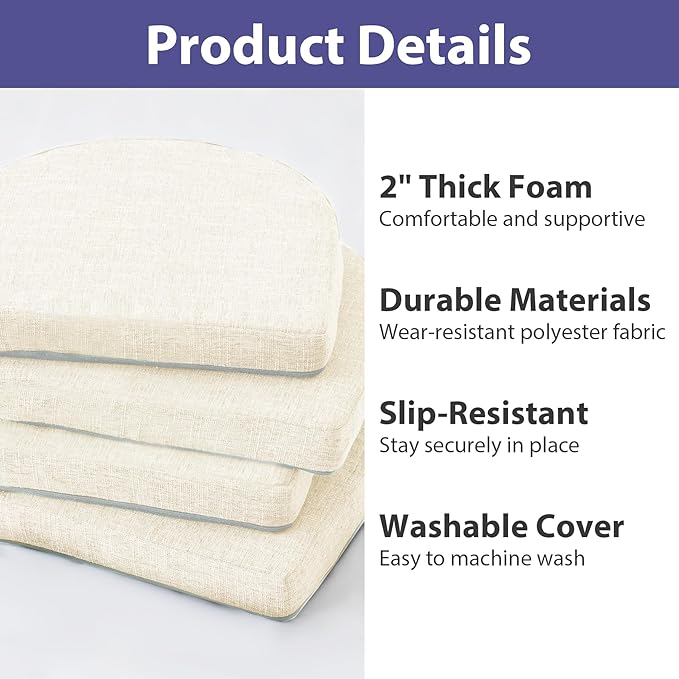 Chair Cushions for Dining Chairs with Ties and Removable Cover, Dining Kitchen Chair Pads with Non-Slip Bottom, High-Resilience Indoor Seat Cushions, 16'' x 16'' x 2'', Set of 4, Beige