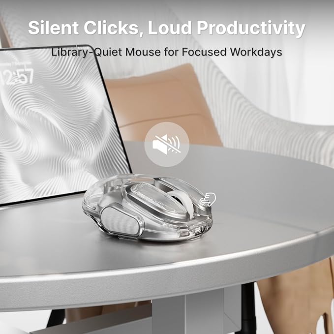 EWEADN Q9 Wireless Clear Mouse Dual Mode Bluetooth & 2.4G USB Computer Mouse with RGB Lighting, Silent Clicks, Multi-Device Compatibility for Laptop, PC, MacBook, iPad Cute Mouse-Sliver