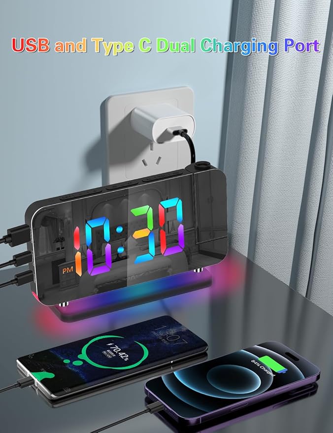 Projection Alarm Clock, Digital Colorful Clock with 180° Rotatable Projector, Mirror Clocks with RGB Night Light,Snooze,12/24H, Dual Charger Port, Auto Dimmer, LED Desk Clock for Bedroom