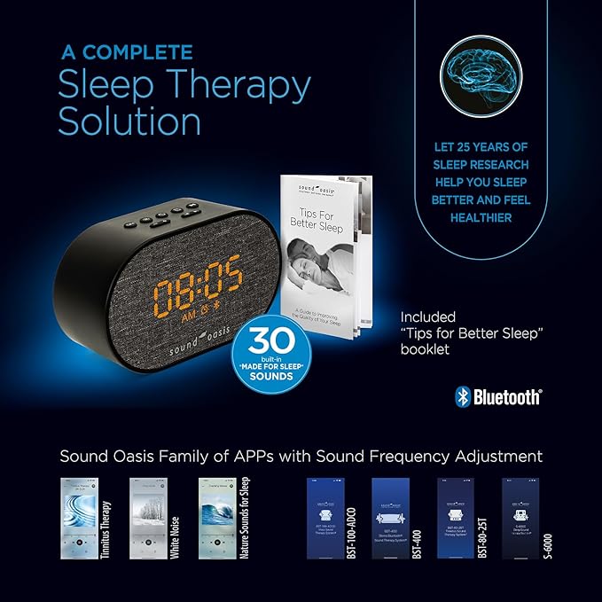 Sound Oasis® Bluetooth® Sleep Sound Therapy System® Alarm Clock - Sleep Better, Manage and Mask Tinnitus, 30 Built-in Sounds, Sleep-Friendly Lighting, Travel Friendly (BST-150)