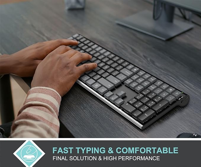 Arteck Mechanical 2.4G USB Wireless Performance Keyboard, Tacktile Quiet Brown Switches, Stainless Steel Low Profile for PC/Desktop/Laptop/TV and Windows 11/10 Built in Rechargeable Battery Gray