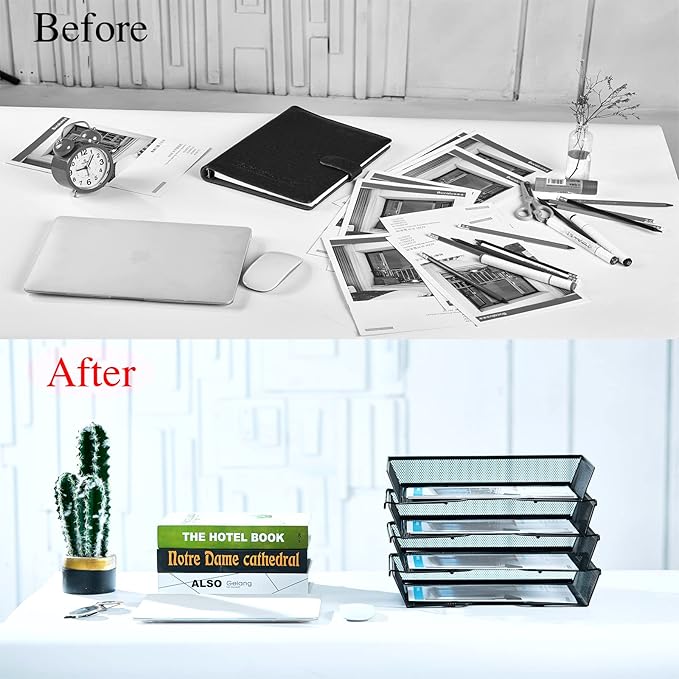 SETTFRFE 4 Tier Metal Mesh Desk Organizer-Stackable Letter Trays for Office Supplies,Black File Storage System with Reinforced Edges