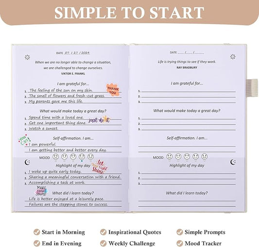Gratitude Journal with 4 Inspirational Stickers: Undated Daily Gratitude Journal for Women and Men - More Happiness, Affirmation, and Mindfulness in A Few Minutes with Prompts & Quotes (Beige)