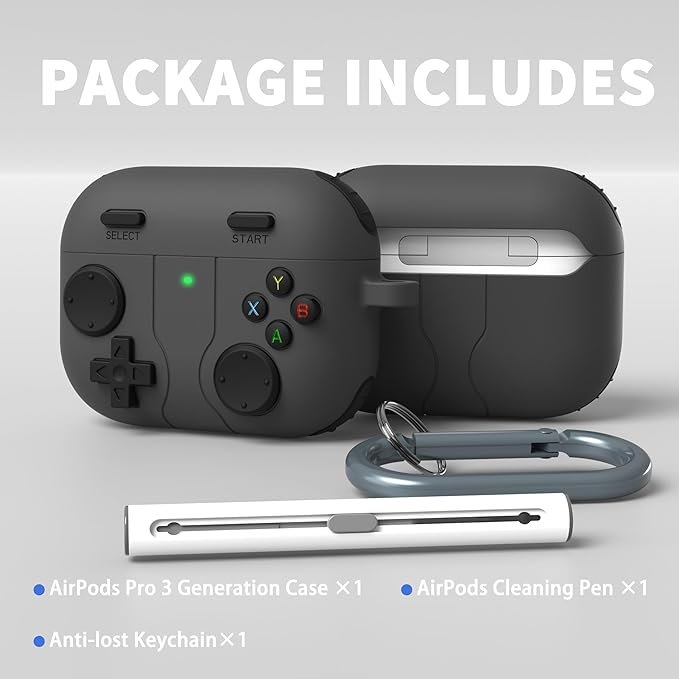 for AirPods Pro 3 Case(2025) DamonLight Game Case Shock-Proof Protective Silicone with Cleaning Pen and Keychain Accessories for Apple Airpods Pro 3rd Generation (Black)