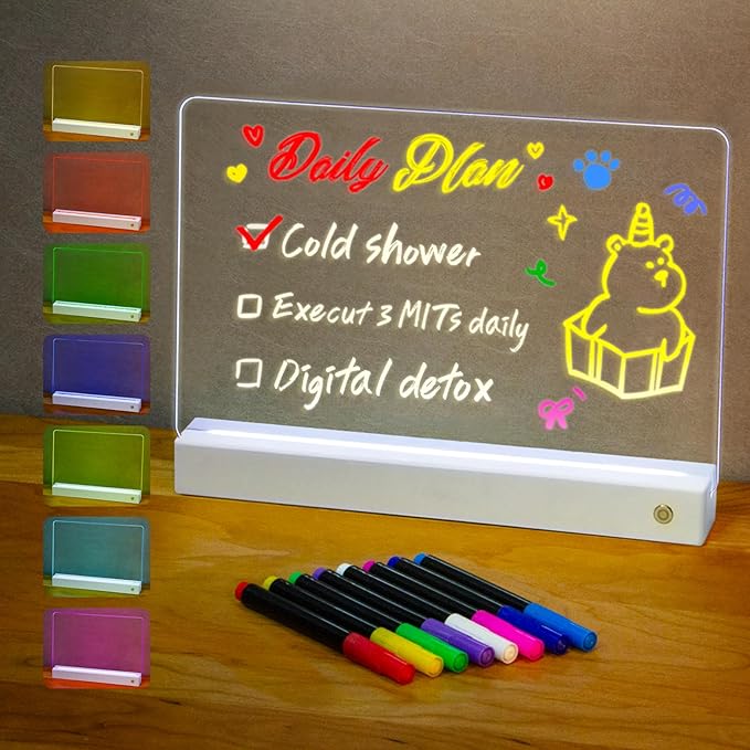 LED Note Board with 8 Colors，Acrylic Dry Erase Board with Light, Clear Monthly/Weekly Calendar, Led Drawing Board for Kids with Stand, 8 Markers, Adapter, Soft Cloth, Holiday Trend Gift (White)