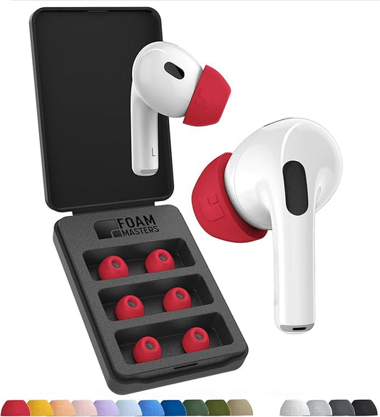 Foam Masters Ultra-Premium Memory Foam Ear Tips for AirPods Pro 1st & 2nd Gen | 3 Pairs | New Ver. | Secure Fit | Super Comfort | Better Noise Cancel | Replacement Buds (Large, Red)