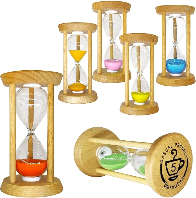 6PCS Wooden Hourglass Sand Timer Set - 30 Sec/1/2/3/5/10 Min Colorful Sandglass Clock for Home Office Kitchen Decor (3.54 x 1.97 Inch)