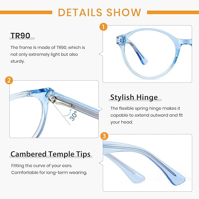 Cyxus TR90 Oversized Blue Light Blocking Glasses Women - Spring Hinge Round Frame Computer Use Anti Eye Strain 8018