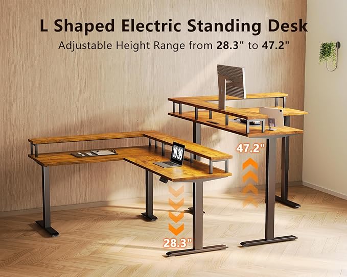AODK Electric L Shaped Standing Desk, 59 Inch Height Adjustable Stand Up Desk with Power Outlets ＆ Full Monitor Stand, Reversible Corner Desk for Home Office ＆ Computer Workstation, Rustic Brown
