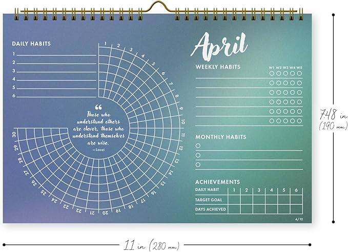 12-Month Habit Tracker Calendar – Gradient Spiral Wall Planner for Goals & Productivity, Daily/Weekly/Monthly Tracking, Wire-O Hanger, Thick 200 gsm Paper, Year-Neutral Months