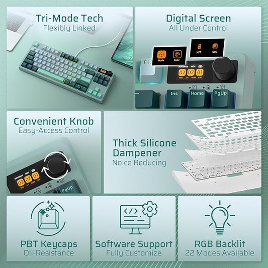 LTC Nimbleback NB841 PRO 75% Wireless Mechanical Keyboard w/Display Screen & Knob, 2.4G/ BT/USB-C Wired RGB 84 Keys Gaming Keyboard, 3-Layer Dampener, Hot Swap PCB, Software Support, Linear Switch