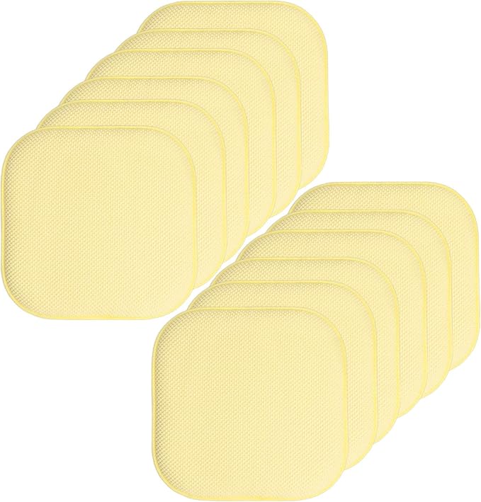 Sweet Home Collection Chair Cushion Memory Foam Pads Honeycomb Pattern Slip Non Skid Rubber Back Rounded Square 16" x 16" Seat Cover, 12 Pack, Yellow
