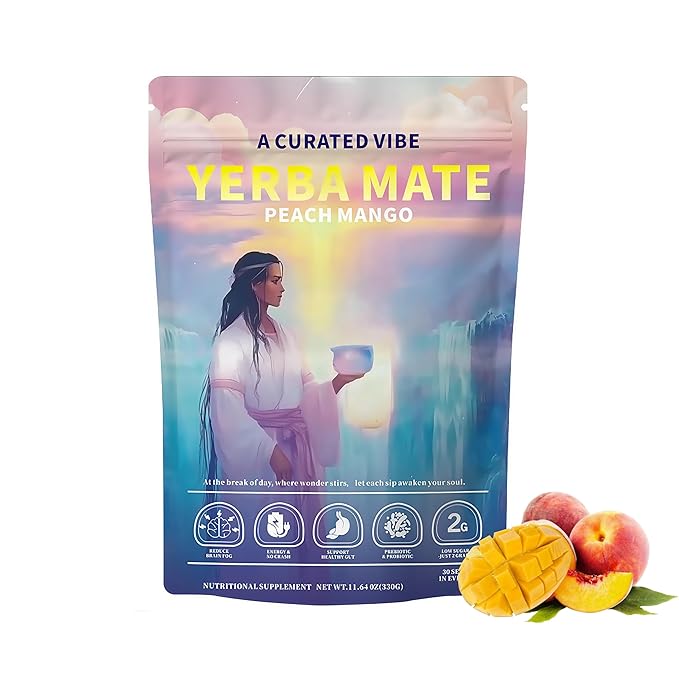 Yerba Mate Instant Tea Powder - Peach-Mango Flavor Super Drink - 4-in-1 Functional Blend with Prebiotics - Mental Clarity - Clean Energy & Digestive Support - 30 Servings