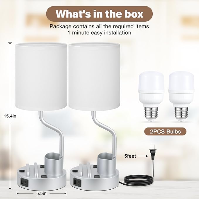 Grey Bedside Table Lamps for Bedroom Set of 2 - Nightstand Light with AC Outlet and USB A & C for Charging, 3 Color Temperatures Desk Lamp with Pen Holder & Phone Stand for Living Room/Dorm/Office