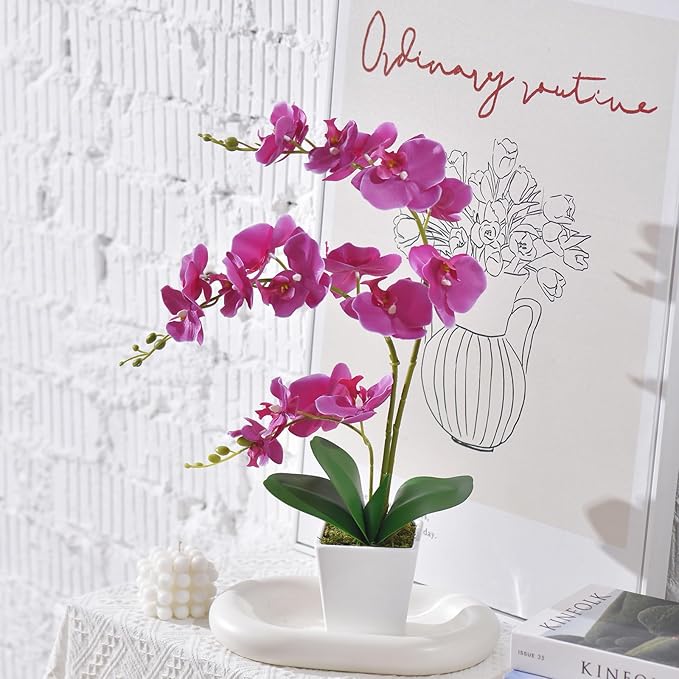 Faux Orchid in Vase Artificial Orchid in Ceramic Vase Tall Silk Orchids with Stems Real Look Potted Phalaenopsis Flowers Arrangement Centerpiece Table Decorations for Home Decor Indoor, Fuchsia