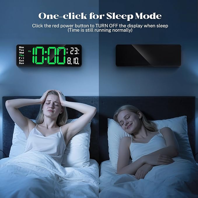 Digital Clock for Classroom, 16" Large Digital Clock with Remote Control, Led Wall Clock with Date, Week, Alarm, Temperature, Night Light for Living Room, Garage, Bedroom, Gym, Office(Green)