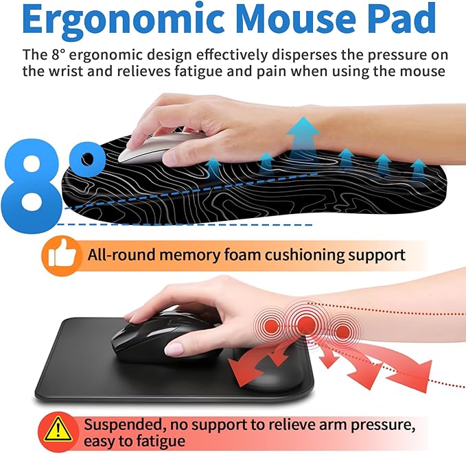 Ergonomic Mouse Pad with Wrist Rest Support, Mousepad with Comfortable Memory Foam Wrist Rest and Non-Slip PU Base for Pain Relief, Computer, Laptop, Office, Home (Topographic Map)