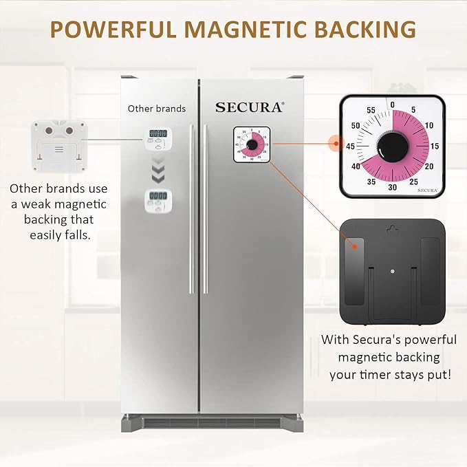 Secura 60-Minute Visual Countdown Timer, 7.5-Inch Oversize Classroom Visual Timer for Kids and Adults, Durable Mechanical Kitchen Timer Clock with Magnetic Backing (Peony Color)