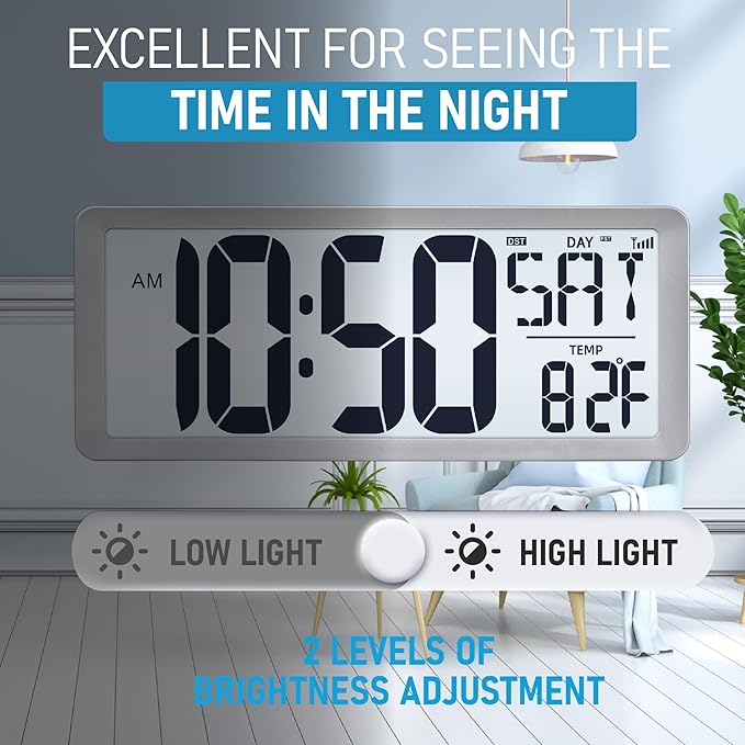 TXL Silver Large Digital Wall Clock with Backlight, 14.2" Battery Operated Alarm Clock with Day, Date & Temperature, Large Wall Clock for Classroom,Bedroom, Livingroom, Office，（Battery Included）