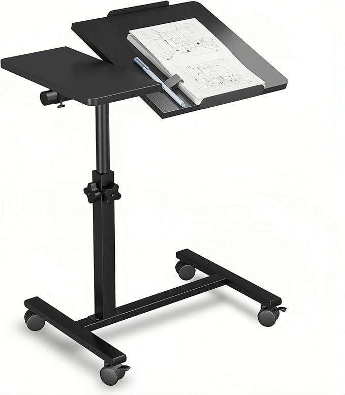 Rolling Over Bed Table Adjustable Height with Wheels Side Table for Couch Laptop Desk Hospital Overbed Table Couch TV Tray Table Computer Workstation-Frosted Black