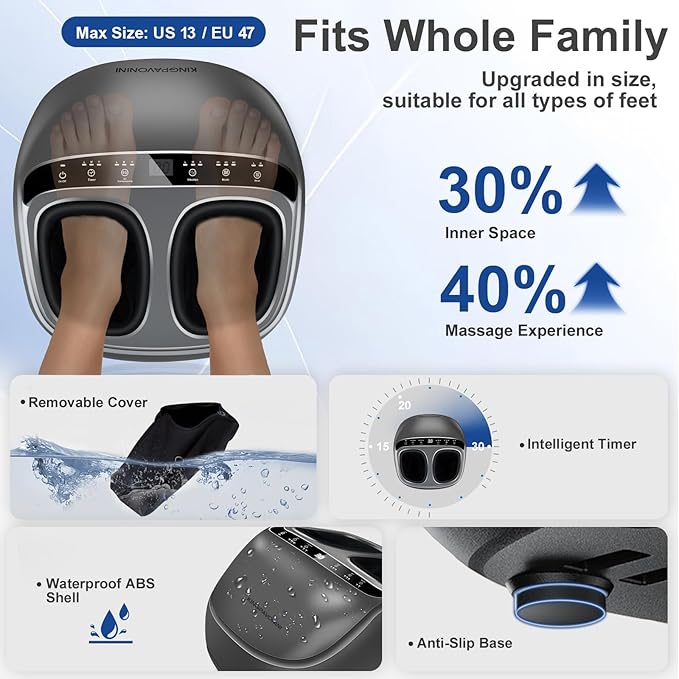 KingPavonini Shiatsu Foot Massager Machine with Heat, 3-Section Massage for Full Feet Deep Kneading & Vibration, Foot Massager for Plantar Fasciitis, UP to Size 13, Gifts for Mom Dad