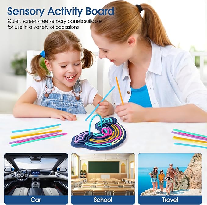 Sensory Activity Board Silicone Fidget Toy, Double-Sided Rainbow Sensory Toys for Autism, Stress, Anxiety, ADHD, Kids 3+& Adults, Includes Travel Bag & 12 Strings, Dark Blue
