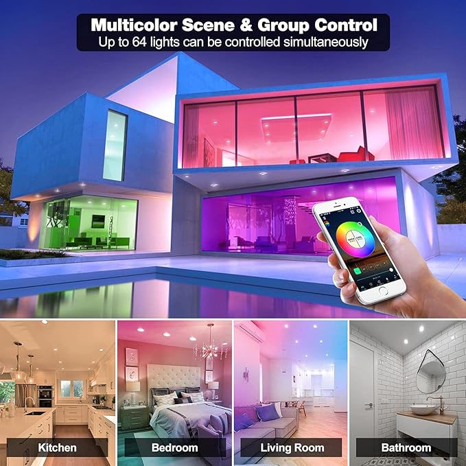 Smart Recessed Lighting 3 Inch, Dimmable, Tunable 2700K~6500K, CRI80+, RGB Color Changing LED Downlight Compatible with Alexa Google Home, Remote Control Small Canless Light, 8Pack